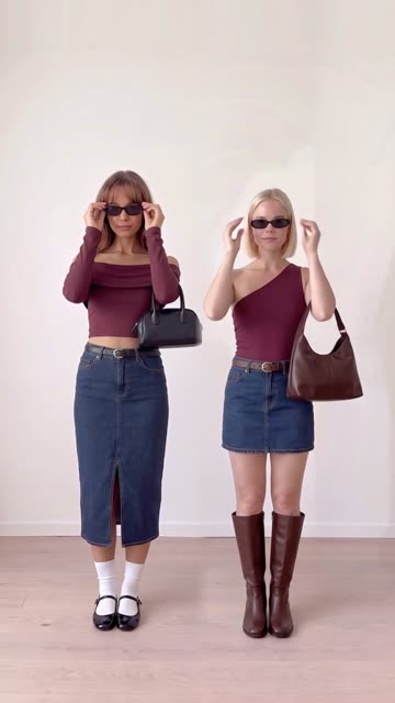 Nora in a burgundy bodysuit worn off the shoulder and Mia wearing it as a one-shoulder top, both in denim skirts