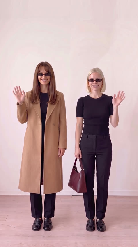 Nora in a camel coat, Mia with a burgundy bag